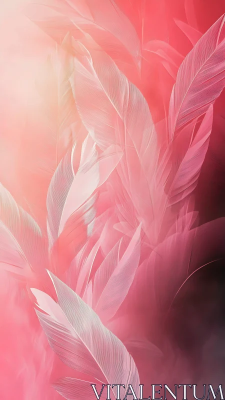 Soft pink feathers drift through luminous pastel mist.