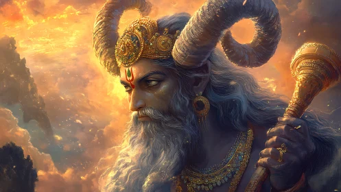 Majestic horned deity gazes over glowing celestial clouds