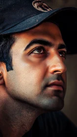 Side profile close-up of man wearing dark baseball cap.