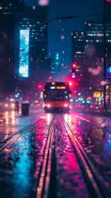 Rain-slicked tram tracks drink neon as the city bus drifts