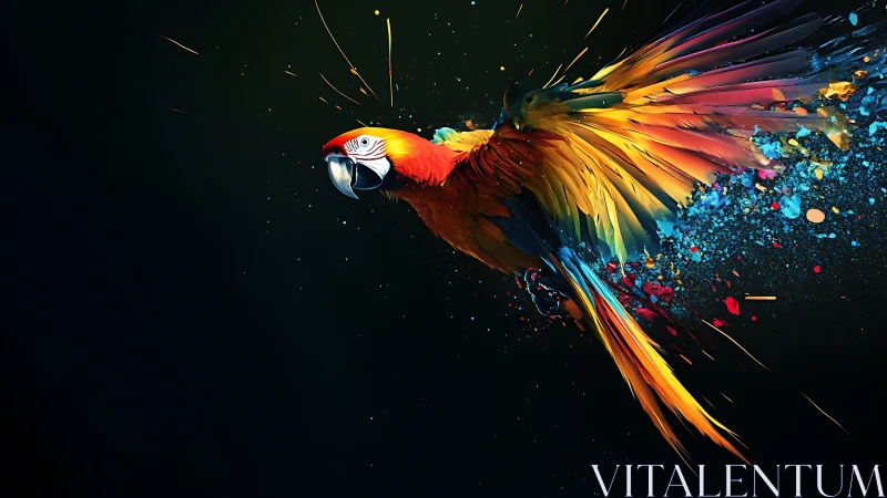 Colorful flying parrot with exploding abstract paint trail.