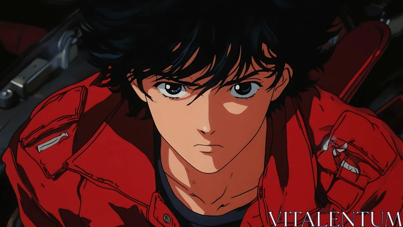 Close-up of black-haired anime youth in red jacket, seated.