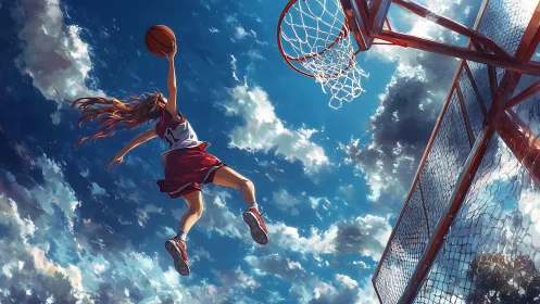 Aerial basketball dunk with dynamic anime sky rendering.