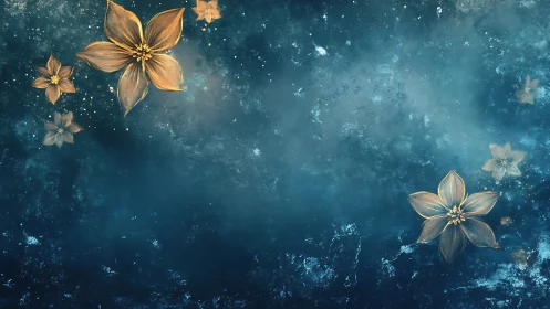 Golden Flowers Float Through Starlit Cosmic Waters.