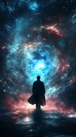 Solitary figure confronts luminous cosmic vortex doorway