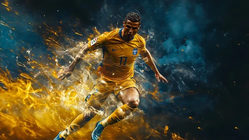 Blazing midfield comet sprinting through molten stadium night.