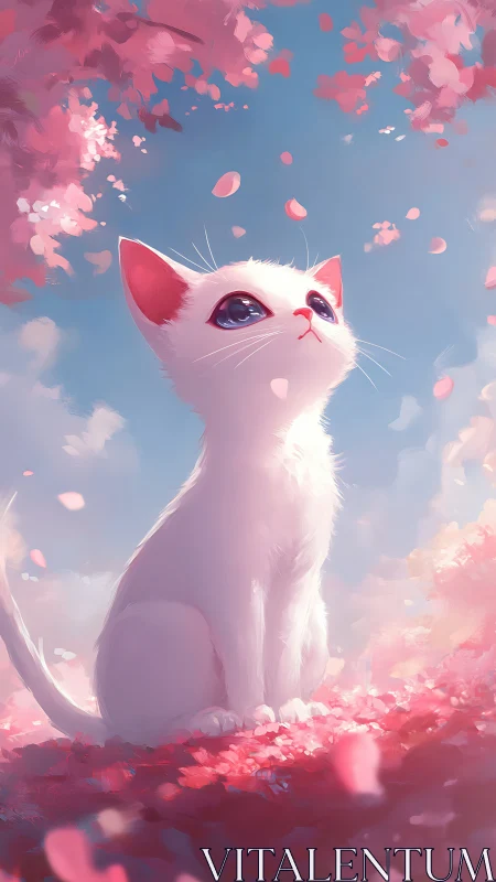 Luminous white kitten under drifting sakura petals, backlit sky.