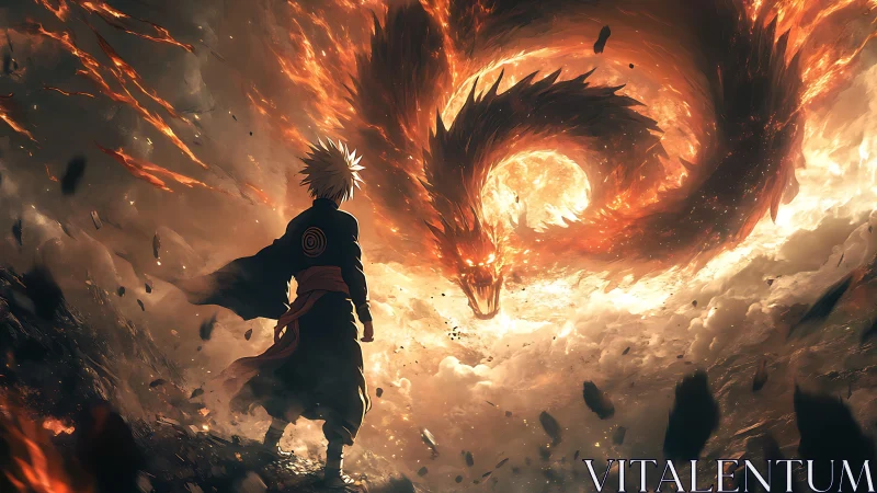 Fiery serpentine dragon confronts lone warrior in storming void