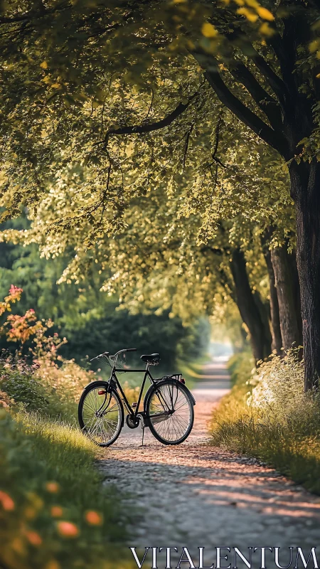 Bicycle Positioned on Tree-Canopied Gravel Pathway with Golden Dappled Light