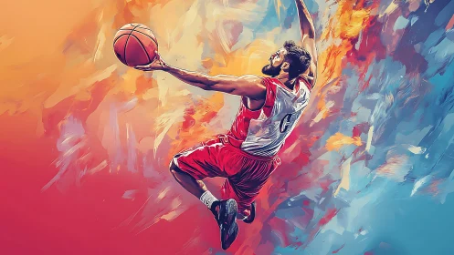 Dynamic basketball player soars through bold painted color