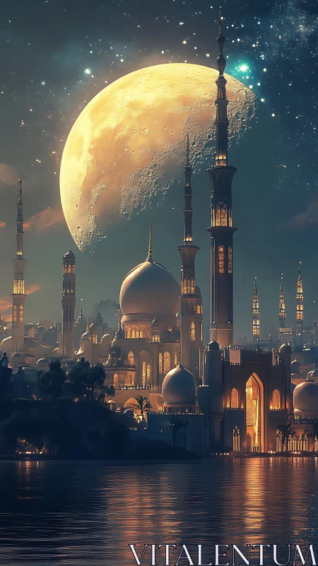 Moonlit golden mosque rises over tranquil starlit harbor