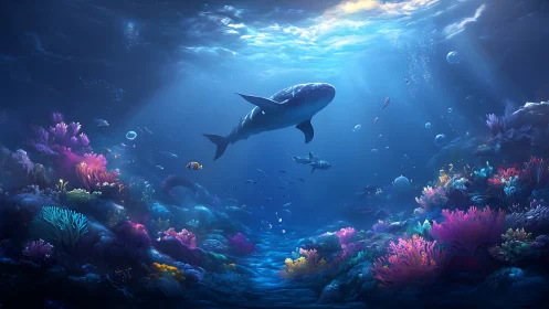 Whale glides above glowing coral reef in deep blue seascape