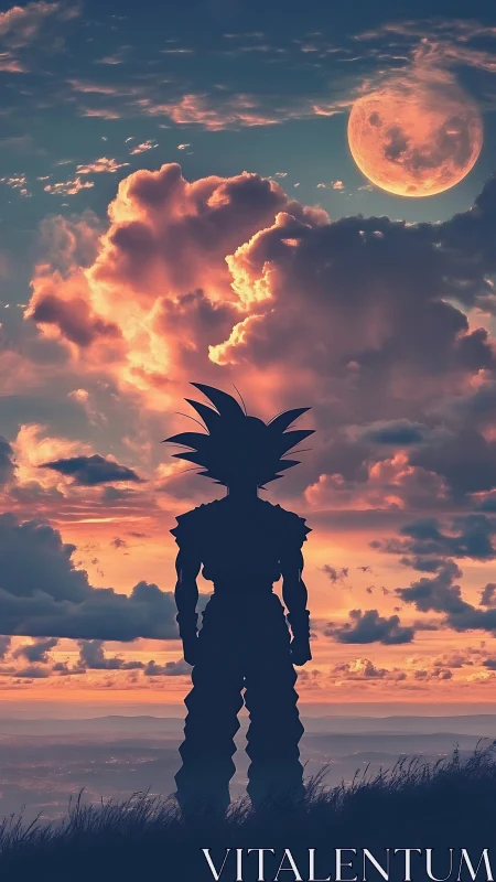 Silhouetted warrior profile under chromatic lunar cloudscape.