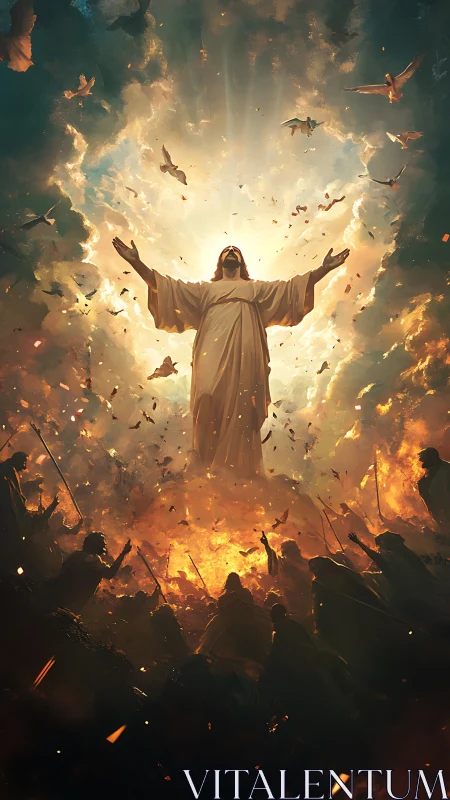 Radiant celestial figure rises above a fiery, awestruck crowd