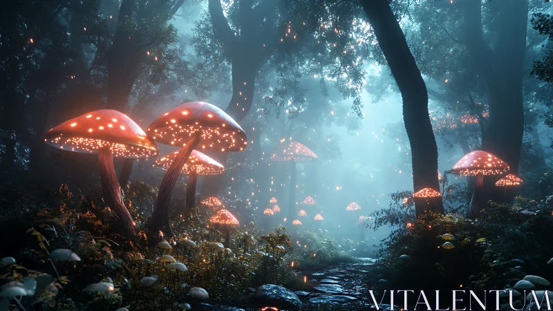 Bioluminescent mushrooms glow through misty enchanted forest