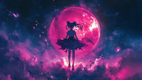 Anime girl drifts before glowing pink moon in nebula sky.