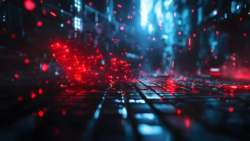 Futuristic Red Data Blocks on Digital Keyboard in Cyberpunk Style.