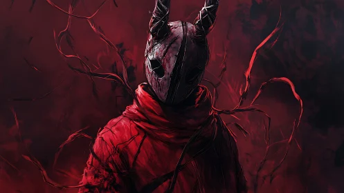 Horned mask figure in tattered red cloak amid abstract crimson