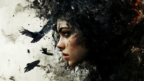 Inkstorm ravens spiral from a dreaming girl&rsquo;s painted dusk