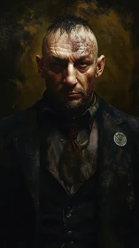 Scarred enforcer in tattered suit under bruised golden light.