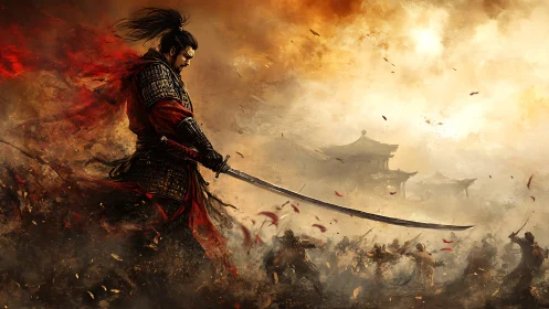 Lone warrior meets a blazing battlefield with quiet resolve