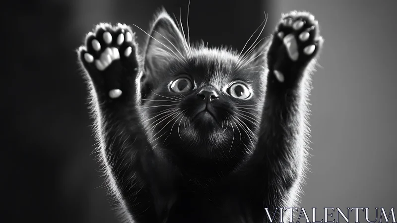 Jubilant Kitten Surrenders with Paws Raised High.
