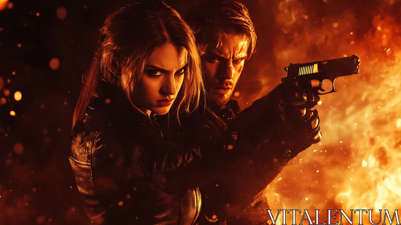 Armed Figures In Fiery Combat Scene With Explosive Background