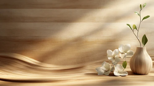 Minimalist wooden vase with white orchids on flowing surface
