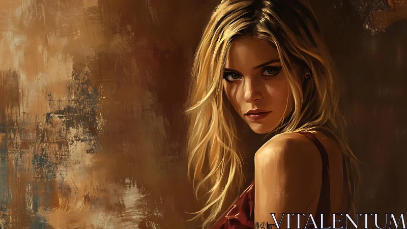 Blonde woman faces viewer against textured brown backdrop