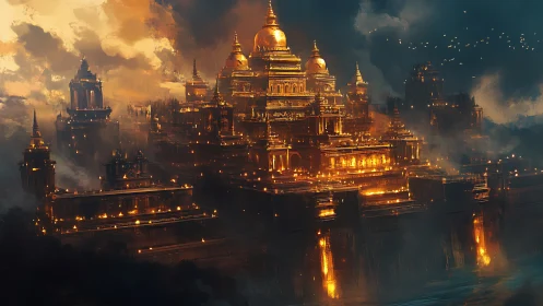 Golden fortress city glowing in firelit stormy night