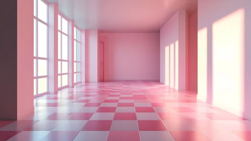 Sunlit pink corridor glows with soft minimalist geometry