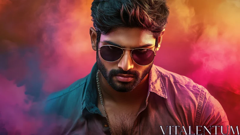 Moody portrait of cool man in sunglasses amid neon haze.