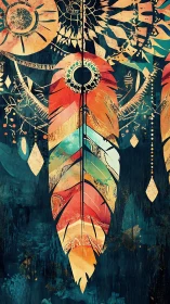 Vertical feather motif aligns with abstract circular ornaments