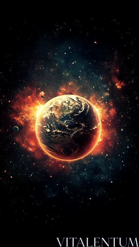 Solar-lit planet engulfed by fiery cosmic nebula glow.