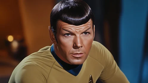 Calm sci fi officer gazing ahead with focused curiosity.