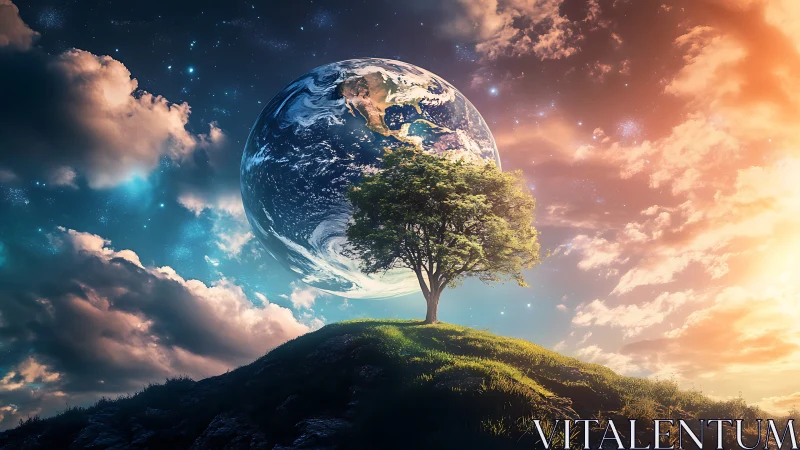 One glowing tree stands under a vast, hovering Earth sky