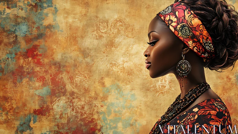 Profile portrait with ornate headwrap on textured gold field.
