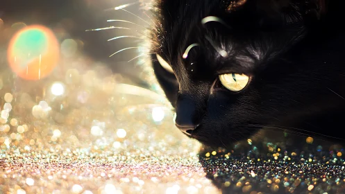 Macro close-up isolates black cat profile against glitter bokeh