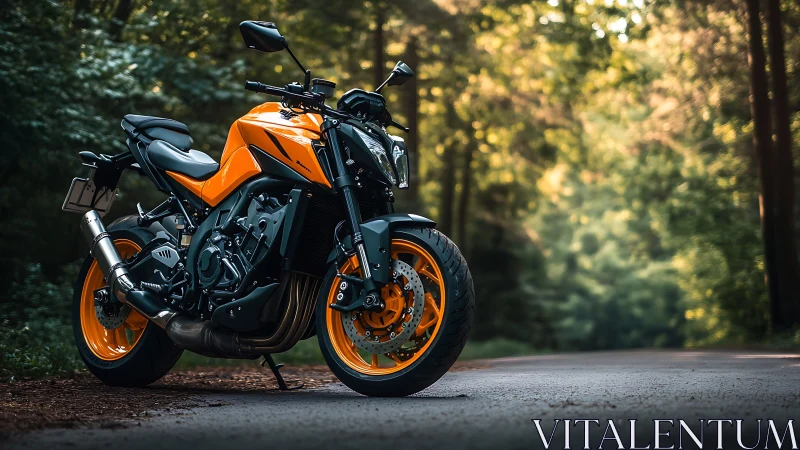 Orange naked sport motorcycle on forest road, side-front view