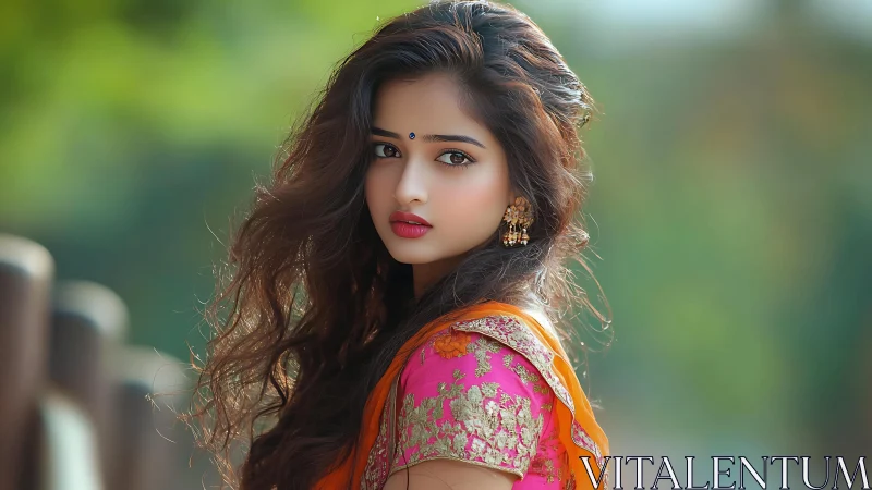 Digital portrait of woman in embroidered sari with bokeh depth
