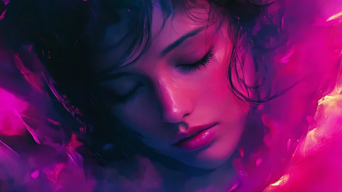 Softly dreaming woman in glowing neon pink and purple haze.