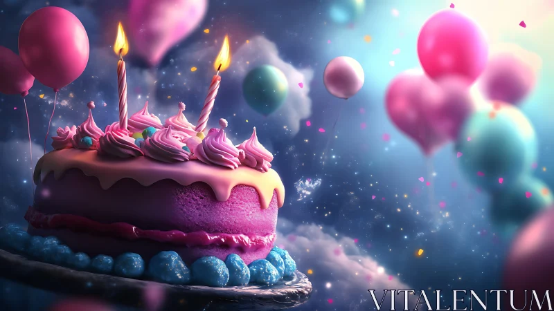 Luminescent Birthday Cake in Dreamlike Fantasy Realm.