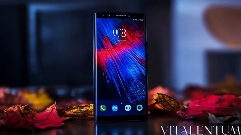 Smartphone with Blue-Red Digital Display Surrounded by Autumn Foliage