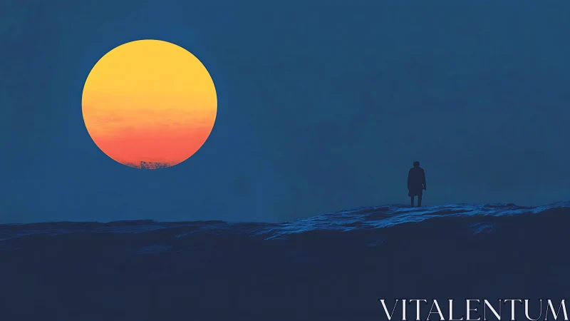 Solitary figure studies oversized sun over twilight ridge