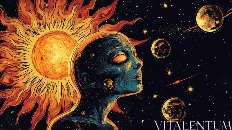 Solar figure with cosmic head amid planets and starfield.