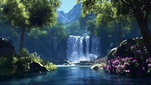 Sunlit forest waterfall pours into tranquil blue lagoon.