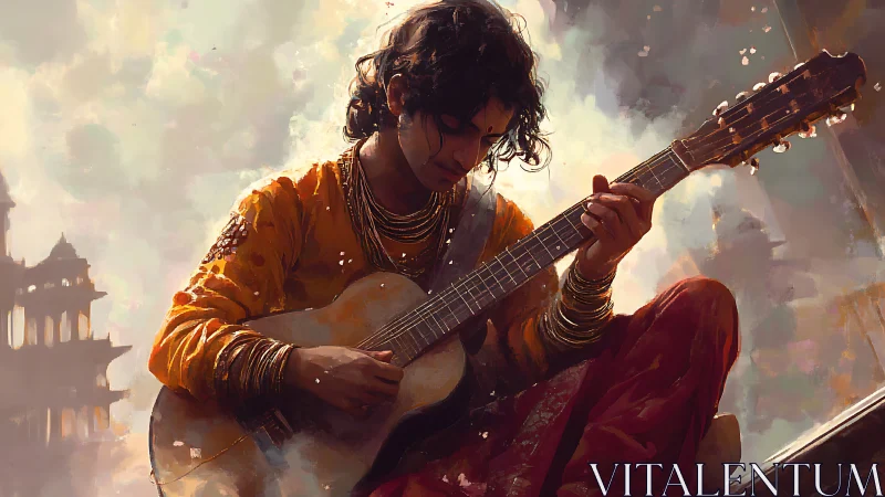 Sunlit courtyard guitarist lost in a quiet daydream.