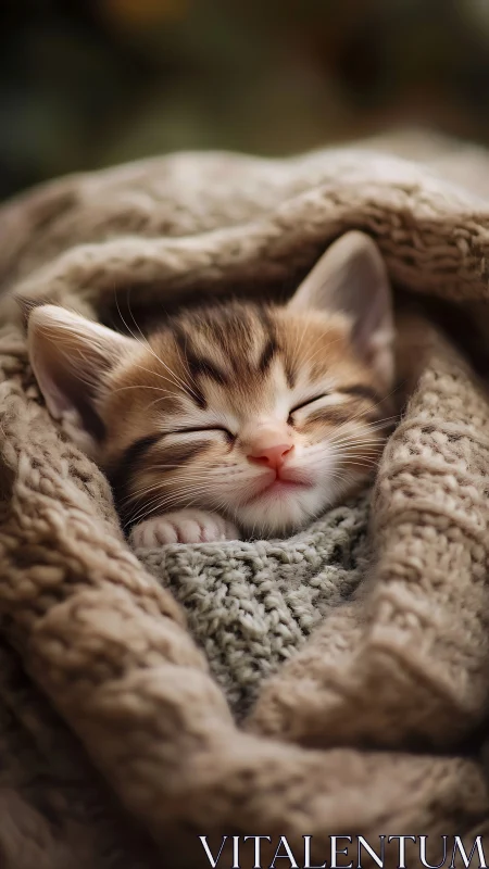 Tabby Kitten Resting in Beige Knit Fabric