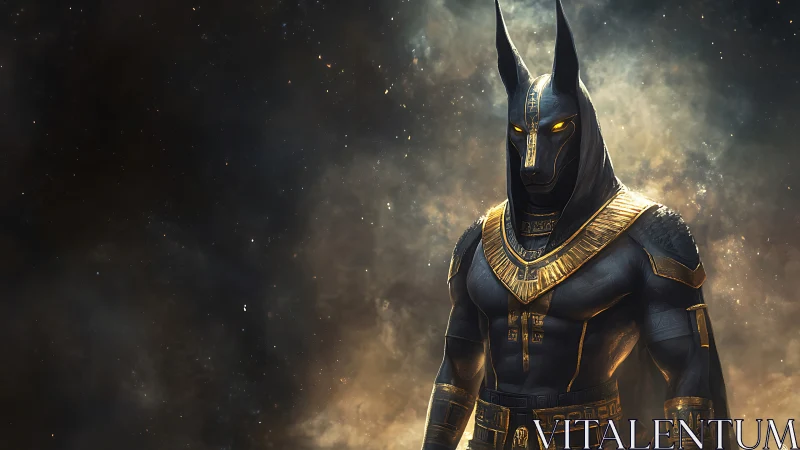Armored Anubis warrior stands in cosmic dust haloed light