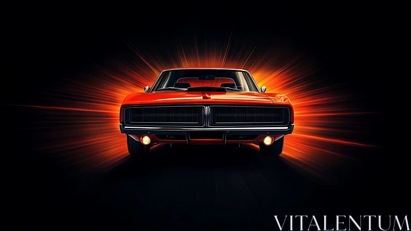 Retro muscle car front view with neon radial light burst.